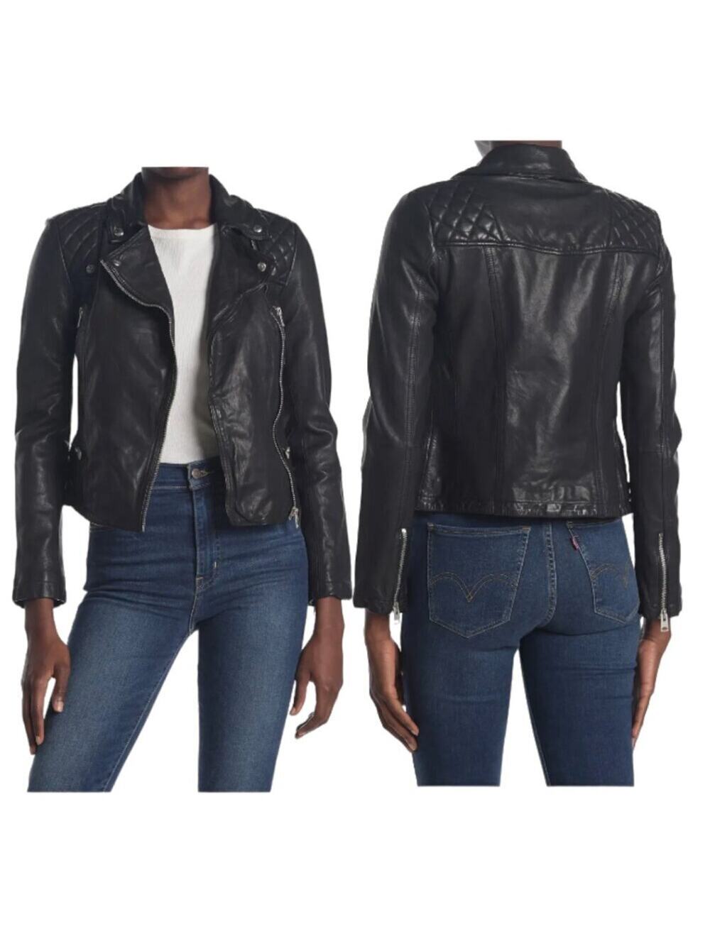 NWT AllSaints Black Catch Crop Leather Biker Jacket Asymmetric Zip Size 2